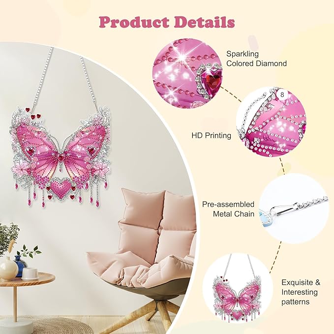 HEIBAGO Diamond Art Hanging Kits for Adults Kids, Hanging Diamond Art Butterfly, 5D Special Shaped Crystal Diamond Painting Kit Flower, DIY Pattern Window Pendant for Home Wall Decor 8.3x8.3Inch
