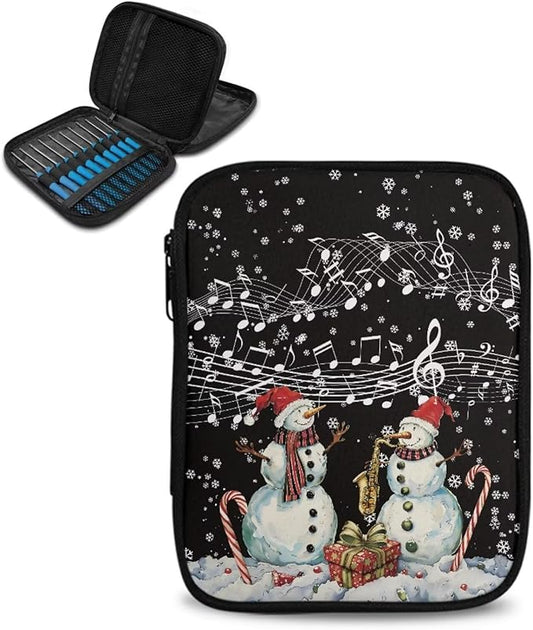 Hechitok Christmas Snowman Music Empty Crochet Hook Case Portable Travel Crochet Storage Bag Organizer Zipper Bags with Web Pocket and Crochet Holder Slots for Crochet Knitting Accessories