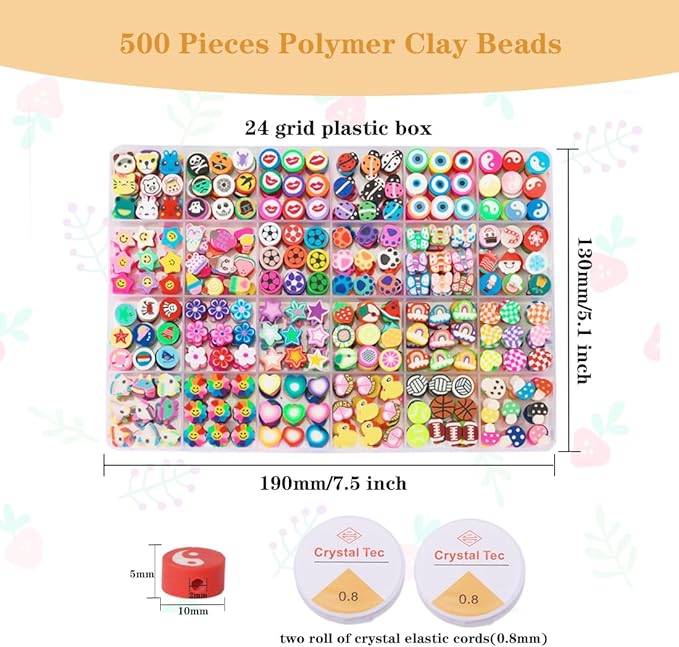 500 Pieces Polymer Clay Beads for DIY Jewelry Making, 24 Style Cute Clay Bead Animal Beads Flower Football Sports Beads Charms for Bracelets Necklace Crafts Kits for Adults Women