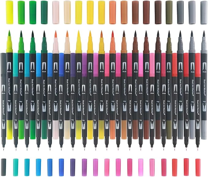 Markers for Adult Coloring Books No Bleeding, Set of 36 Colors, Coloring Pens for Adults, Dual Brush Marker Pens with Fine & Brush Tips, Art Supplies for Drawing, Calligraphy, Sketching and Doodling.