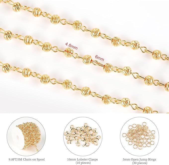 KYUNHOO Gold Plated Brass Chain Bulk on Spool 3 Meters Sparkle Faceted Beaded Rosary Chains for Necklace Bracelet Making DIY Handcraft Finding Supplies with Lobster Clasps and Jump Rings