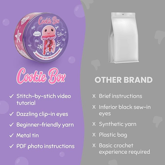 Cookie Box Original Crochet Kit for Beginners – Gift Set to Make Jellyfish Jenny Amigurumi Plushie – Easy DIY Crochet & Knitting Starter Kit with Video and PDF Tutorials