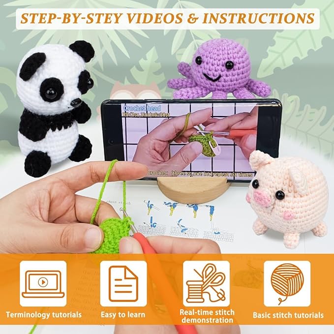 Crochet Animal Kit – 6 PCS Crochet Kit for Beginners, Knitting Kit with Step by Step Videos, Yarn, Crochet Hook, Knitting Kit for Beginners, Great Birthday Holiday Gift (Crochet 1)