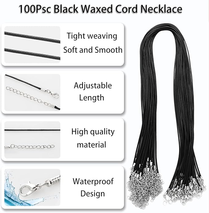 100 Pcs 20" 1.5mm Black Waxed Cord Necklace String Bracelet Faux Leather Chain Clasp Bulk for Jewelry Making Supplies Accessories