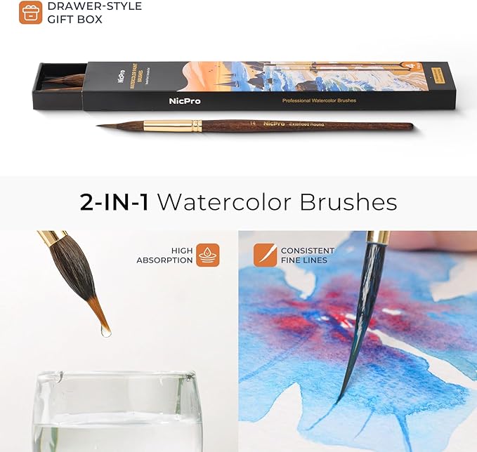 Nicpro 4 PCS Watercolor Brushes Professional, Extended Needle Point Brush Set, Sable Watercolor Brushes with Synthetic Extra Long Tip for Fine Detailing - Watercolor Acrylic Gouache Inks Painting