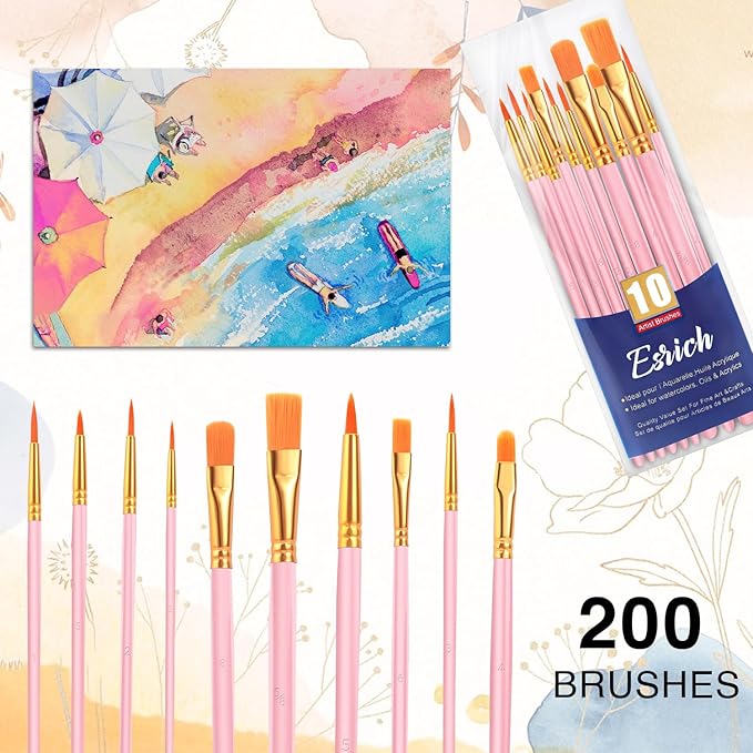 ESRICH Acrylic Paint Brushes Set, 20 Packs / 200 Pcs Nylon Hair Paint Brushes,Paint Brush Set Suitable for Oil, Watercolor,Rock Body Face Art, Adult Perfect Art Painting Craft Paint Brush Kits.