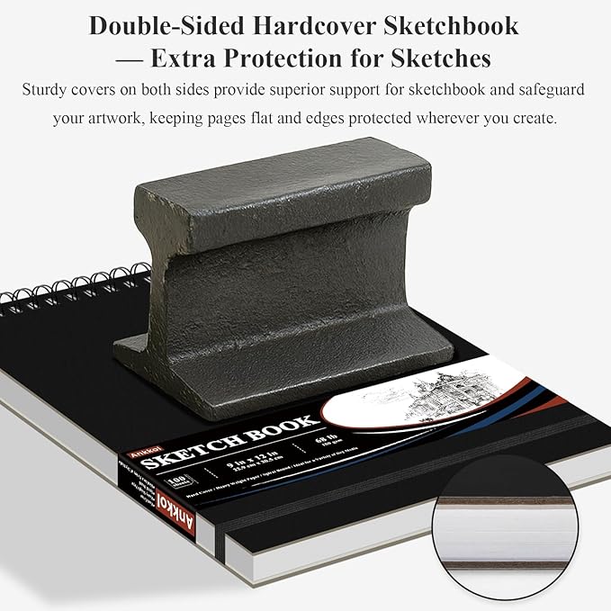 9" x 12" Sketch Book, Top Spiral Sketchbook Hardcover, 68lb/100gsm Drawing Paper Pad & Sketch Paper, 1-Pack Sketch Pads for Drawing for Adults, Professional Art Supplies for Teens & Artist Gifts.