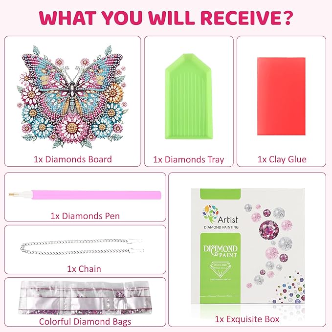 MEIYUDA Butterfly Hanging Diamond Art Kits for Adult, Flowers Butterfly Diamond Painting Hanging Kits Ornaments, DIY Special Shaped Rhinestone Window Pendants kit for Home Garden Wall Decor Gift