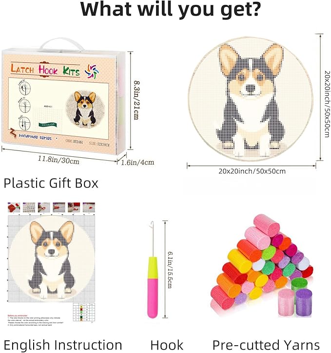 Latch Hook Rug Kit Cute Corgi Dog Stamped Handmade Round Shape Carpet Crochet Yarn Craft DIY Hook and Latch Door Mat Tapestry for Home Floor Decor 50x50cm(4)