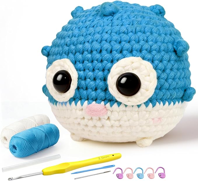 Cokiddle Crochet Kit for Beginners, Cute Pufferfish Shape with Step-by-Step Video Tutorials, Soft Yarn, Hooks & Full Supplies, Exclusive Crochet Kit for Beginners, DIY Craft, Great Teen Gifts (Blue)