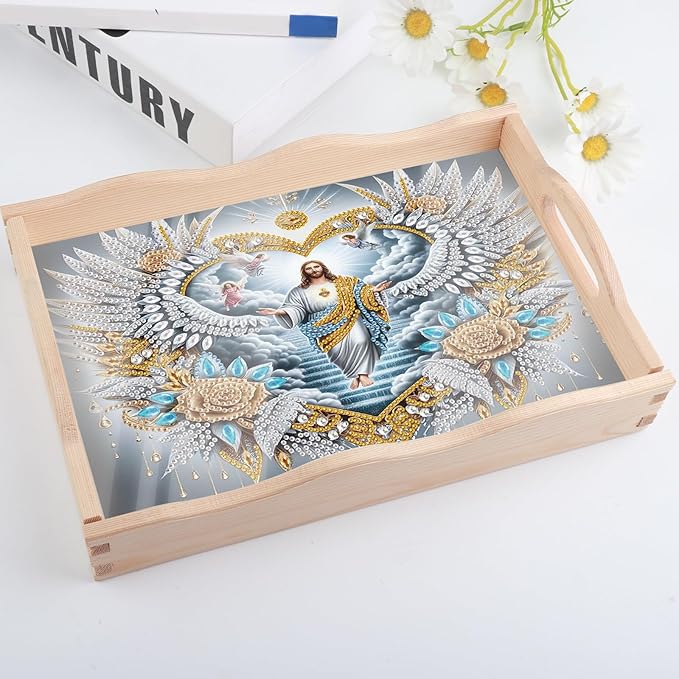 DIY Diamond Art Tray with Handle Diamond Art Painting Plate Creative Design Handmade Wooden Tray Mosaic Making Kits by Number Kits Diamond Art for Coffee Living Room Home Organizer (Jesus Christ)