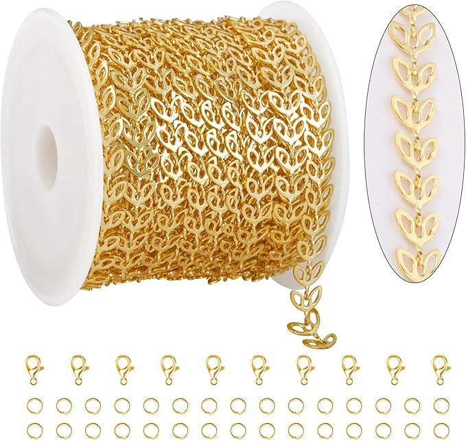 KYUNHOO 16.4 Feet 18K Gold Chains Bulk Hollow Leaf Link Cable Chain on Spool Gold Plated Brass Jewelry Chain with Lobster Clasps for DIY Supply Jewelry Findings