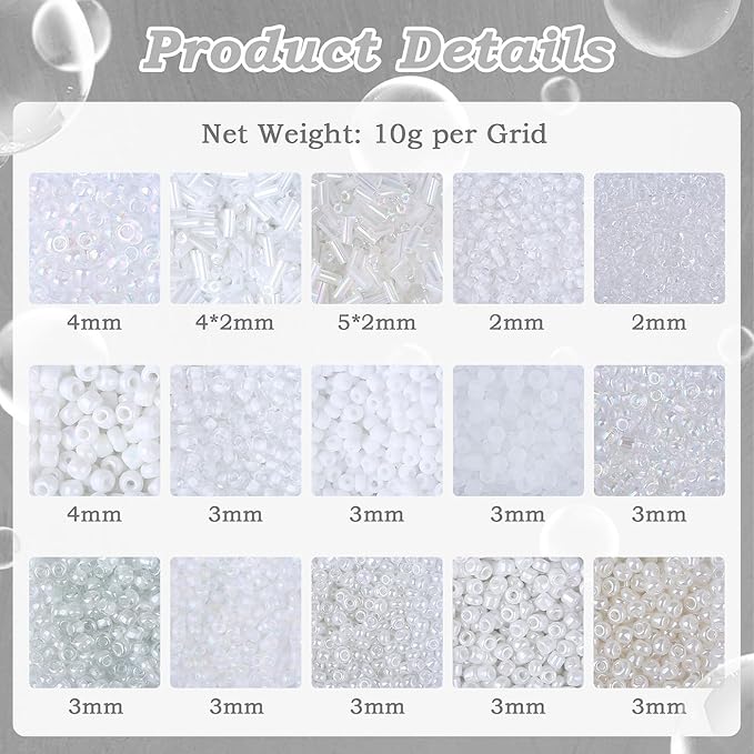 DUQGUHO White Beads for Jewelry Making 4mm White Glass Seed Beads Kit 15 Color 3mm 2mm Small Plastic Tube Bead for Bracelets Craft DIY