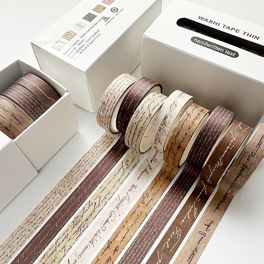 YUBX Vintage Washi Tape Set 8 Rolls Thin Retro Decorative Antique Patterns Masking Tapes for Arts, DIY Crafts, Journals, Planners, Scrapbook, Wrapping (Handwritten Text)