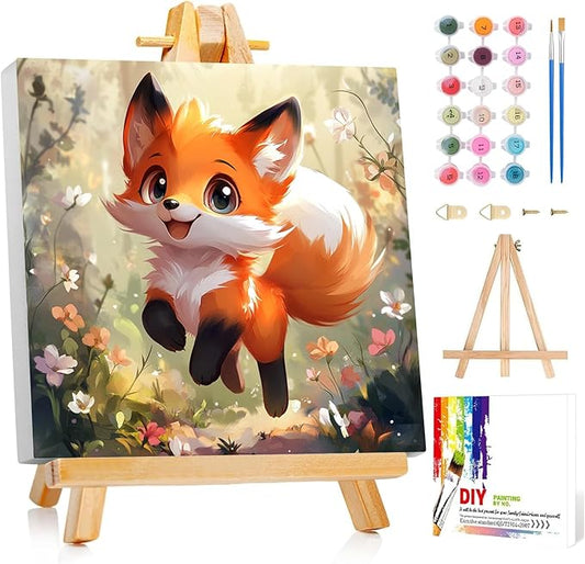 Reivworl Paint by Numbers Kit for Kids with Frame and Easel, Fox Paint by Number for Kids Age 6-8-12, Paint by Numbers Kits for Gifts and Home Decor - 8X8Inch