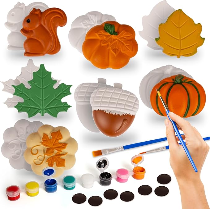 ArtCreativity Thanksgiving Ceramic Painting Craft - 7 Pack - Kids Fall Crafts Includes 7 Ceramic Figures, 8 Paint Set, 2 Brushes, 7 Adhesive Magnet - DIY Thanksgiving Paint Activity for Toddlers 3-8