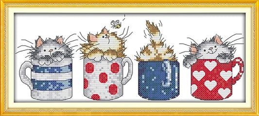 stitchmelody stamped cross stitch kits for beginners,11ct printed sewing pattern dmc threads embroidery kits for adults-four cats in the cups 14.5''x6.7''