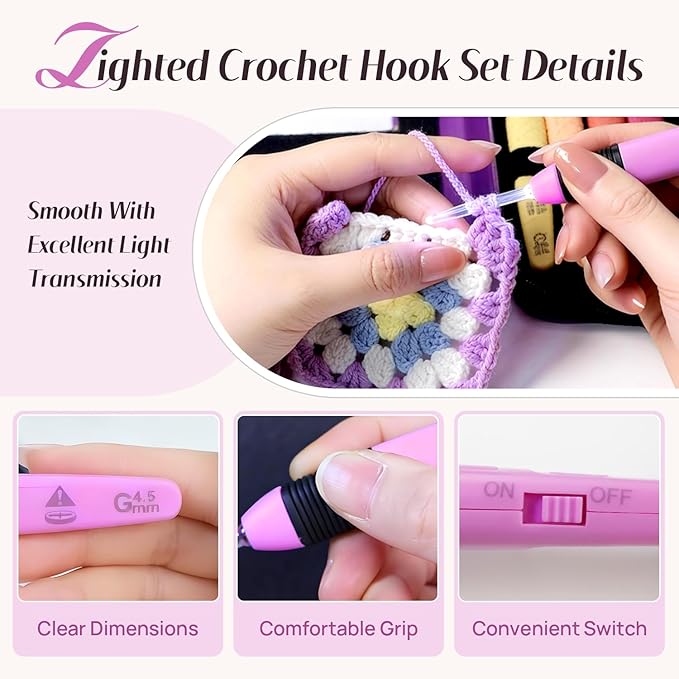 lewhoo light up crochet hook with battery 2.5-6.5mm, 9 size led crochet hooks set with bag for dark yarn, 3 packs replacement batteries crochet needle set