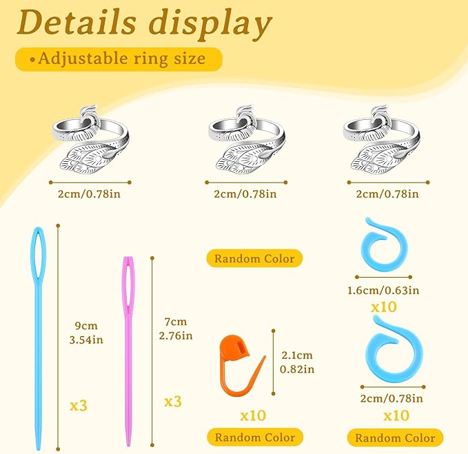 Yizzvb 3 Pcs Crochet Ring+30Pcs Stitch Markers, Adjustable Tension Rings for Finger Yarn, 6 Large Eye Blunt Needles, Knitting & Crochet Accessories Set for DIY Crafts,Crocheters Knitters