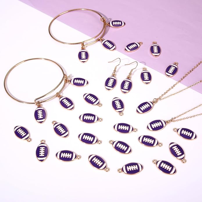 NVENF 30PCS Football Charms for Jewelry Making, Enamel Football Charms for Bracelet Necklace Earrings Making, Red Black White Blue Purple Orange Game Day Football Charm Bulk