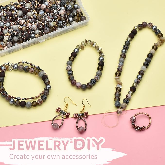 Rired 27 Craft Beads Bracelet Making Kit, 900pcs Grey Beads Include Assorted Glass Beads, Bicone Beads, Spacer Seed Beads for Jewelry Making, Necklace, Phone Charms and DIY Earrings