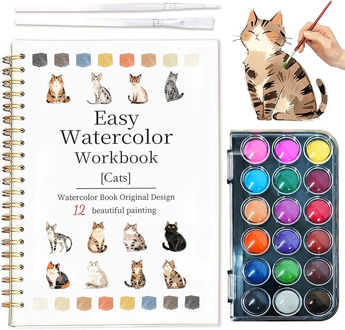 Easy Watercolor Workbook for Beginners - 12 Beautiful Step-by-Step Paintings Water Coloring Book, Includes 18 Colors Paints, Relaxing Art Projects and Creative Gift for Adults & Teen (Cats)