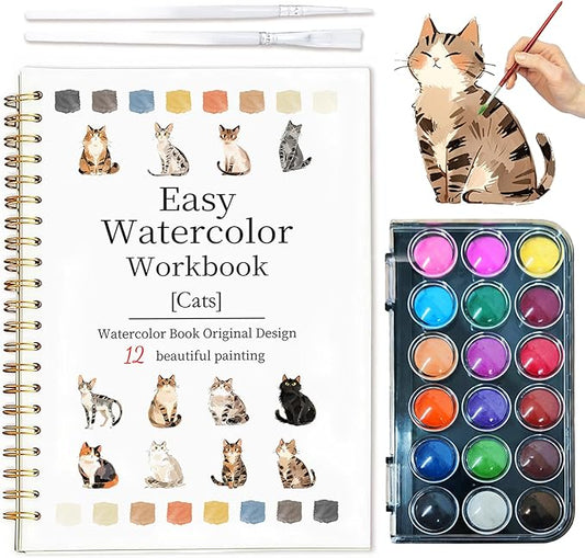 Easy Watercolor Workbook for Beginners - 12 Beautiful Step-by-Step Paintings Water Coloring Book, Includes 18 Colors Paints, Relaxing Art Projects and Creative Gift for Adults & Teen (Cats)