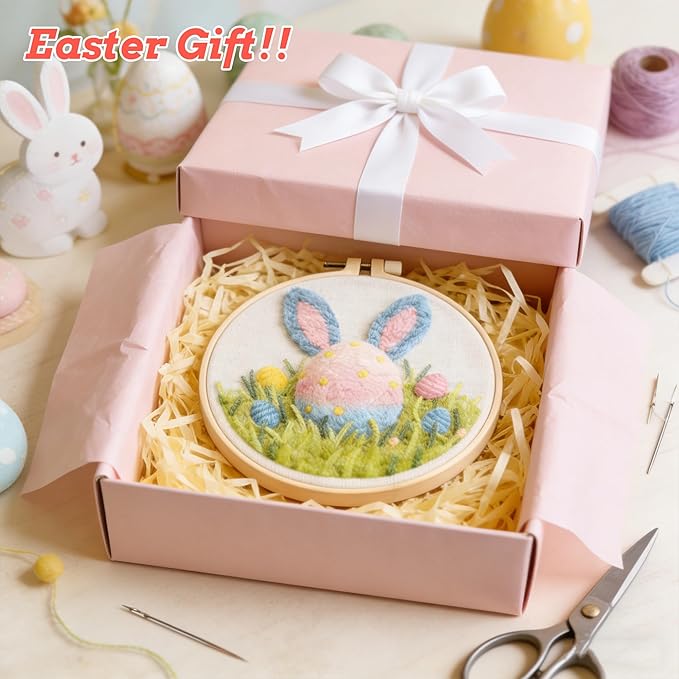 QBQBQ 4 Sets Easter Punch Needle Kits Adults Beginner, Easter Embroidery Kit with Printed Pattern and Bamboo Hoop, Festival Gift and Decoration
