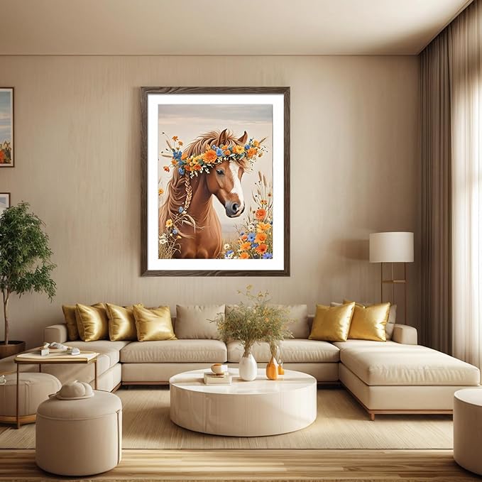 PINFFSHU 5D Diamond Painting Kits for Adults Beginners - Beautiful Horse with Floral Crown，Full Drill DIY Sparkling Gem Art Craft with Tools, Home Wall Decor, Unique Gifts for Women, 12x16 Inch
