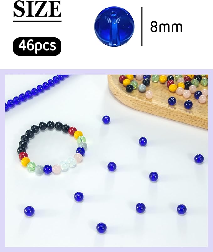 8mm Glass Beads 46PCS Glass Beads for Jewelry Making Charm Round Loose Bead for Bracelet Making Kit (Dark Blue Glass)