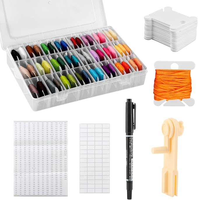 Embroidery Floss Organizer, Cross Stitch Thread Storage Set with 100 Pcs Floss Bobbins, Winder, Marker and Stickers, Removable 24 Compartments Case for Craft DIY Sewing Storage