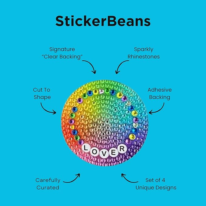 stickerbeans® rhinestone stickers - friendship bracelet 4-pack, 2” x 2” each, unique sparkly cut-to-shape for collecting, trading, decorating laptops, phone cases, scrapbooks, for kids & teens