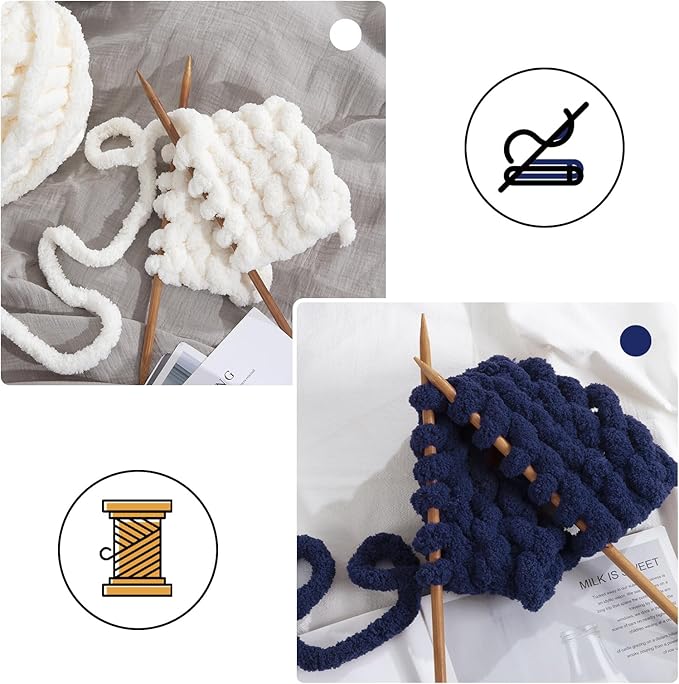 MABOZOO Assorted Chunky Yarn for Crocheting 8 Pack,Fluffy Jumbo Chenille Yarn,Soft Plush Yarn Bulky,Giant Thick Fuzzy Yarn for Hand or Arm Knitting,Cream & Navy Blue(31.7 yds,8 oz Each Skein)