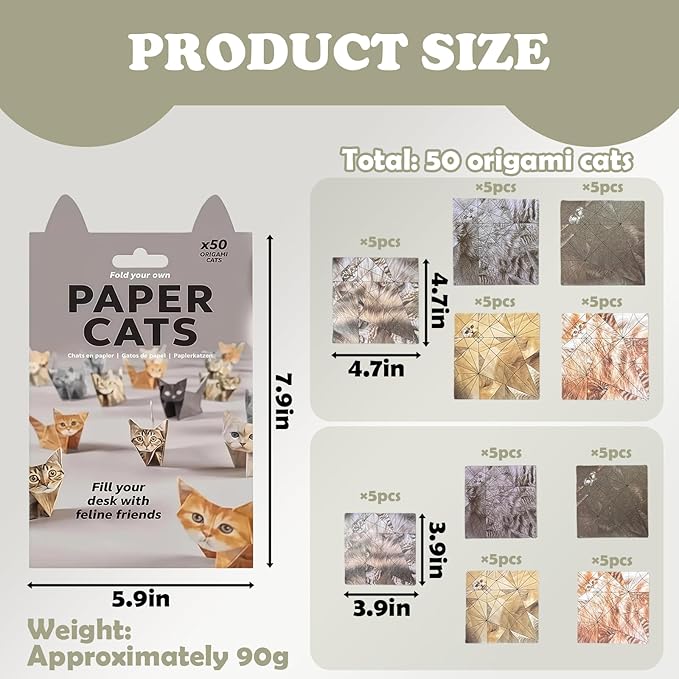 2PCS DIY Paper Cats Kit,50 Sheets Cute Kitten Origami Cats,3D Handmade,Fun Creative Art Project,Origami Paper Activity for Kids & Adults, Desk Decor and Gift for Pet Lovers