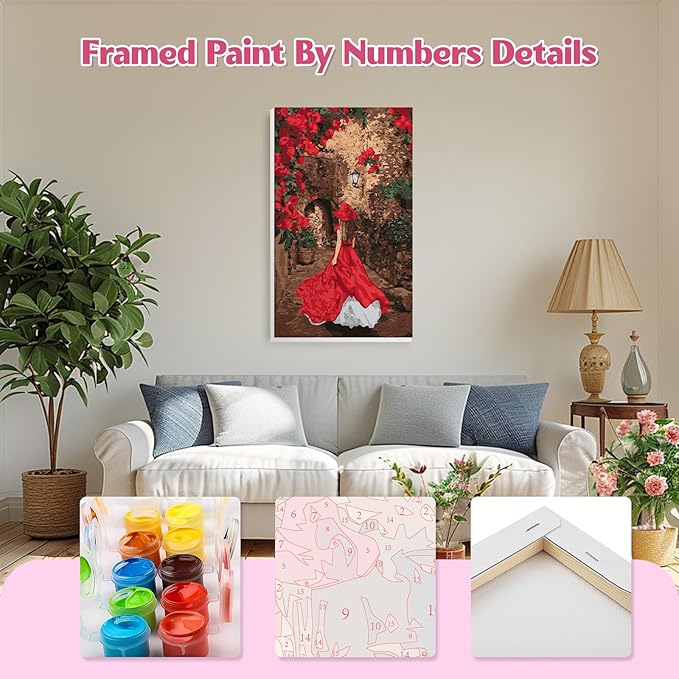 GHHKUD Red Dress Women Paint by Numbers Kits with Frame for Adults Beginners, DIY Landscape Paint by Numbers for Kids, Painting Art on Canvas Gifts Home Wall Decor 20x30cm