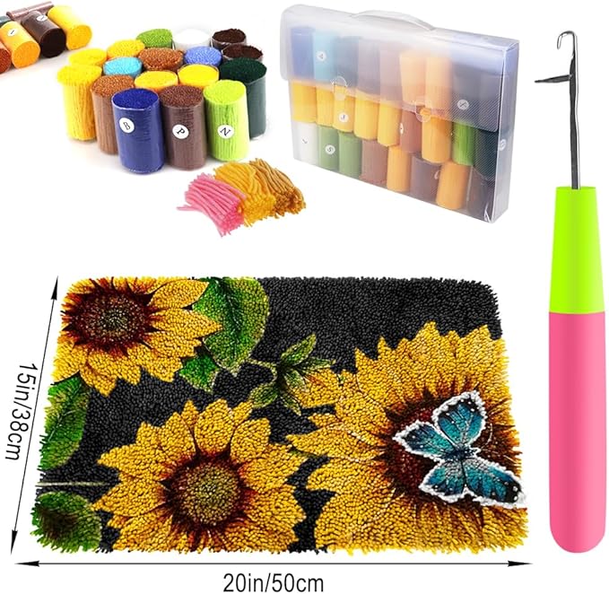 MGahyi Latch Hook Rug Kits for Adults, DIY Crochet Yarn Rugs Hooking Craft Kit with Color Preprinted Pattern Design for Kids Adults and Beginners(Sunflower, 20 x 15in)