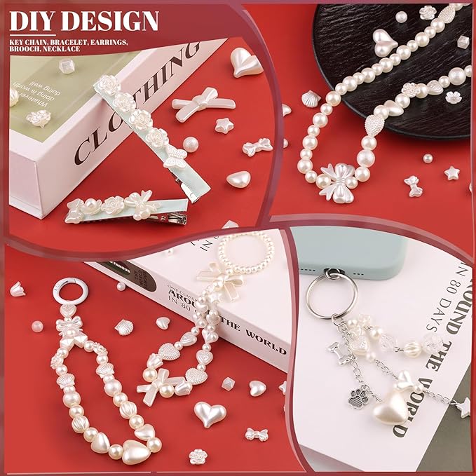 270-320pcs tinkrstuff assorted mix abs imitation pearl beads for bracelet making, cute bead for jewelry making bow butterfly heart kawaii aesthetic acrylic beads,diy necklace keychain phone charms