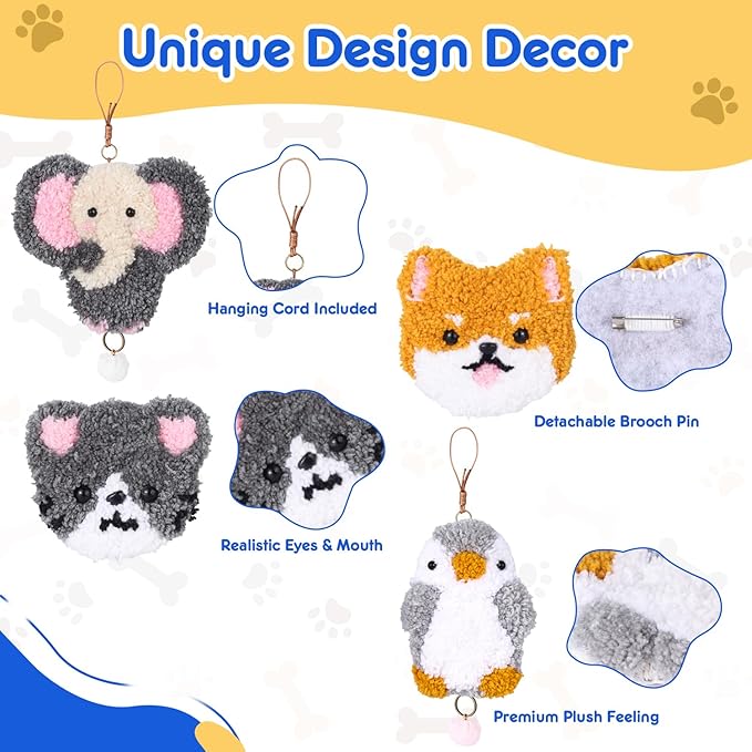 Punch Needle Kit for Beginner,Embroidery Kit with All Tools and Materials, 4Pcs Cute Animal Charm Easy for Adults and Children Follow Instructions and Videos,Best Gift for Craft Lovers