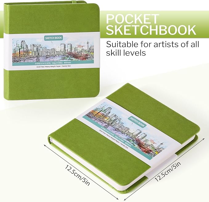 Hardcover Pocket Sketchbook, 5" x 5" Square Mini Sketchbook, 98lb/160gsm Heavyweight Tiny Sketch Book, 80 Sheets Small Travel Drawing Journal for Adults, Artist, Ideal for Gift (Emerald Green)