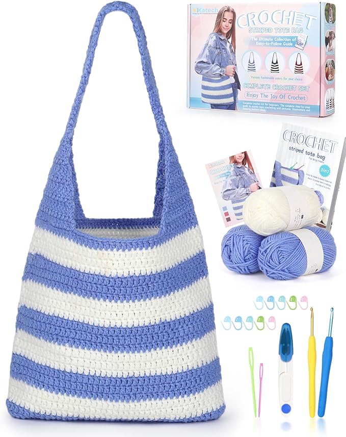 Katech Crochet Kit for Beginners, Striped Tote Bag Crochets Set Includes Yarn Crochet Hooks, Complete Crochets Step-by-Step Guide Needles Accessories Adults Crocheted Starter Kit Crocheter Gift