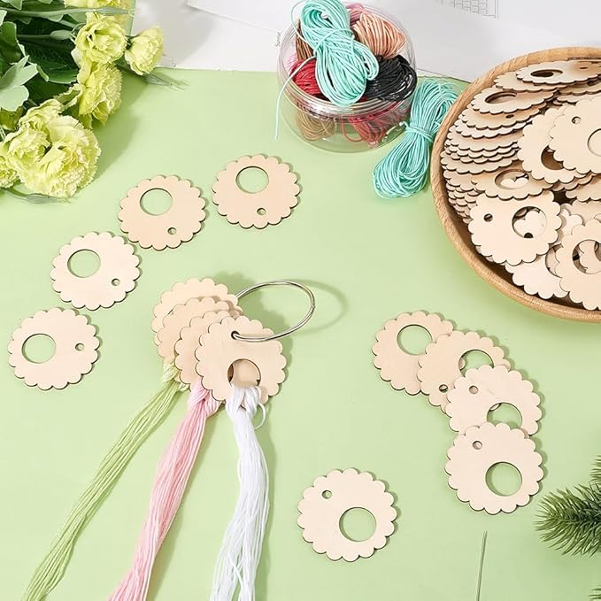 GORGECRAFT 100Pcs Flower Wood Thread Embroidery Floss Organizer Chips 2.2 Inch Cross Stitch Board Card Bobbins Holder with Floss Ring for Cross Cotton Thread Craft DIY Sewing Storage Accessories