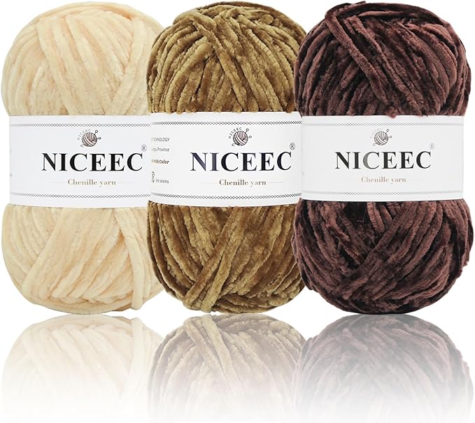 NICEEC 3 Skeins Soft Chenille Yarn Blanket Yarn for Knitting Fancy Yarn for Crochet Weaving DIY Craft Total Length 3×85m (3×93yds, 3×50g)_Brown Series