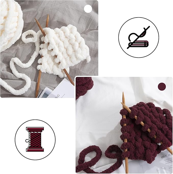 Mabozoo Assorted Chunky Fluffy Yarn for Crocheting & Knitting, Jumbo Chenille & Bulky Plush Yarn, Cream & Wine Red (31.7 yds, 8 oz Each)