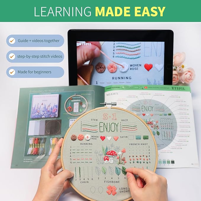ETSPIL Embroidery Kit for Beginners & Adults, 3-Pack 33-Stitch Practice Samplers, Pre-Stamped Patterns, 7.8 inch Hoop, Floss & Needles, Step-by-Step Guide and Video Tutorials, DIY Needlework Gift