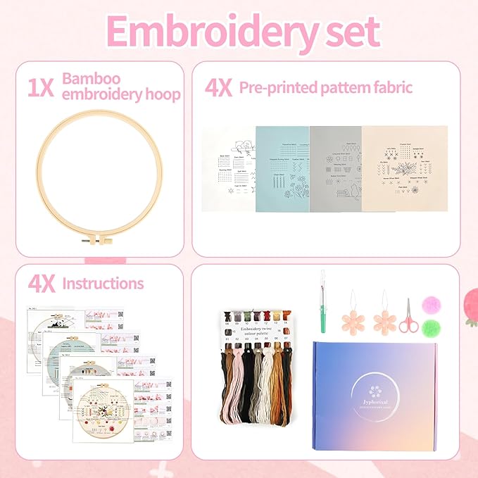Jyphorixal Embroidery Kit for Beginners Adults Cross Stitch Starter Kit Needle Point Supplies 30 Basic Stitches in 4 Set, DIY Craft Lover Starter Hand Stitch