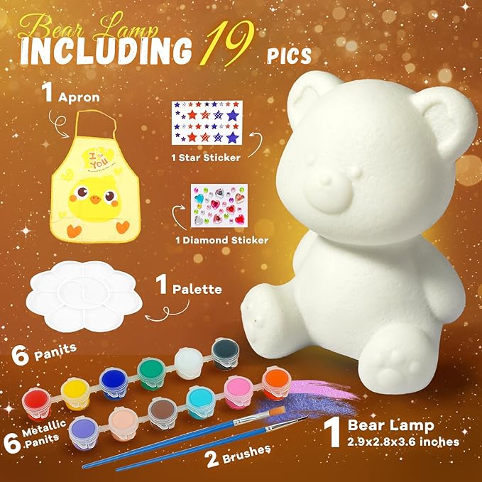 Cokiki Paint Your Own Bear Lamp Kit, Art Supplies DIY Crafts Night Light Painting Kit, Arts and Crafts for Kids Ages 8-12, Birthday Party Holiday Creative Gift for Girls Boys Ages 6 7 8 9 10 11 12+
