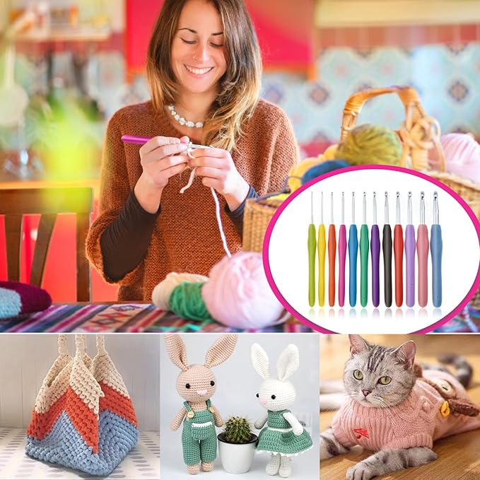 RealPlus Crochet Hooks, 12 Sizes Crochet Hook Set, Crochet Kit for Beginners, Knitting Needles with Ergonomic Handles for Arthritic Hands, Christmas Gifts for Women, Crochet Needles with Blue Case