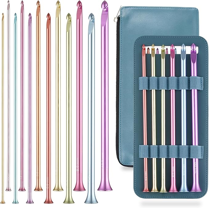 12-Piece Extra Long Tunisian Afghan Crochet Hooks Set, 9.5-Inch (24cm) Crochet Hook Ergonomic, Sizes US 2.5-15 (3mm-10mm), with Leather Case for Crocheting