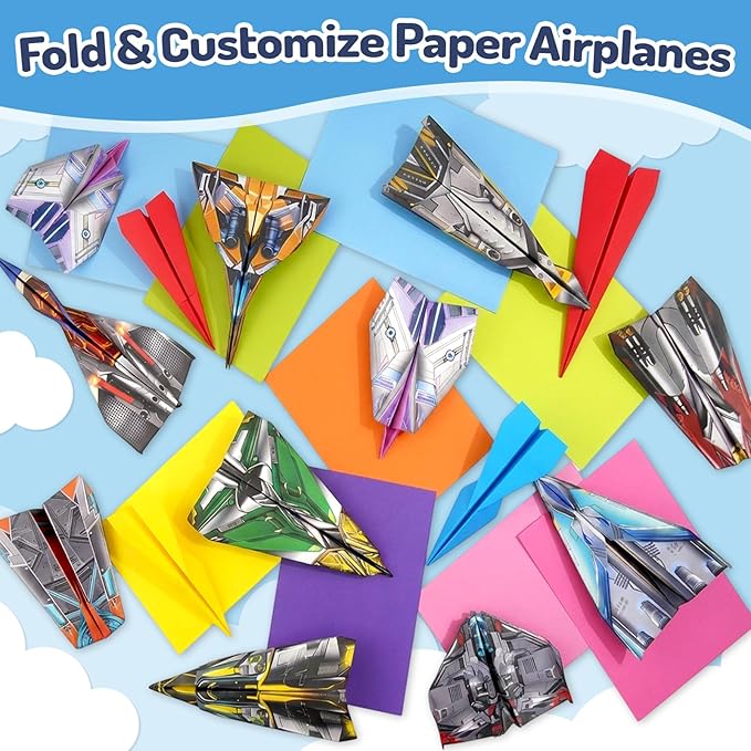 AluAbi 60 Sheets Paper Airplane Kits, Origami Paper Plane Kits for Kids Ages 6-8 8-12, Double Sided Colored Origami with Instructions Book & Video, Birthday Easter Crafts Airplane Gifts (Airplane)