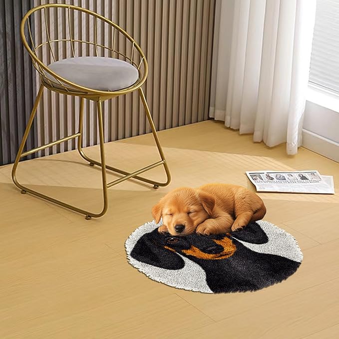 Latch Hook Rug Kit Black Dachshund Dog Stamped Handmade Round Shape Carpet Crochet Yarn Craft DIY Hook and Latch Door Mat Tapestry for Home Floor Decor 50x50cm(2)